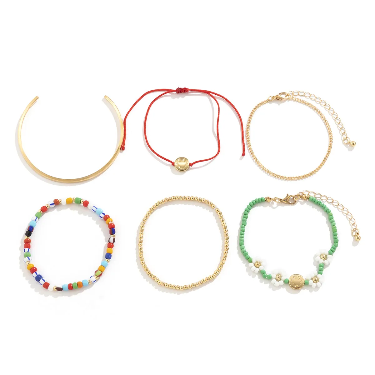 Green Howlite & Acrylic 18K Gold-Plated Floral Smiley Face Beaded Bracelet Set
