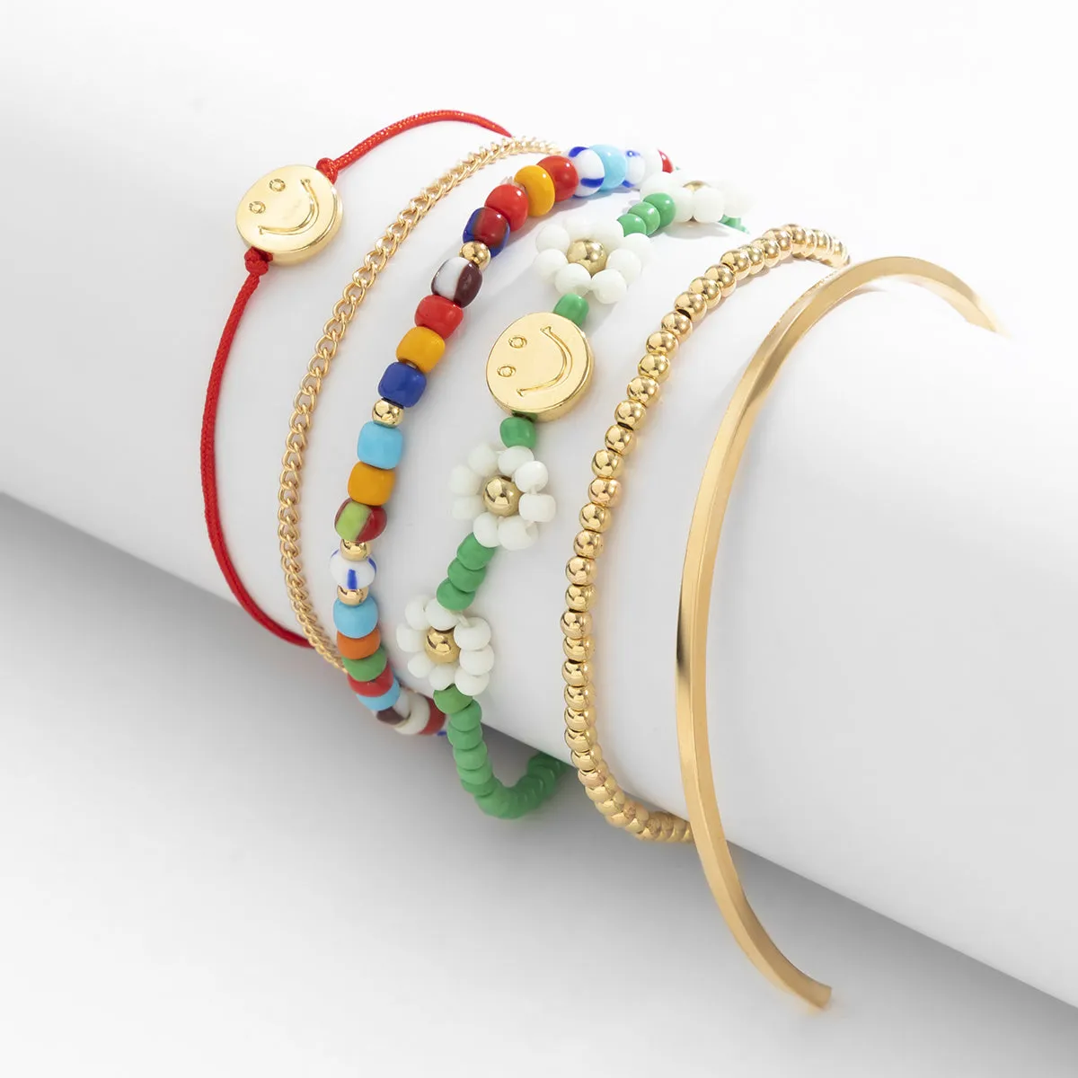 Green Howlite & Acrylic 18K Gold-Plated Floral Smiley Face Beaded Bracelet Set