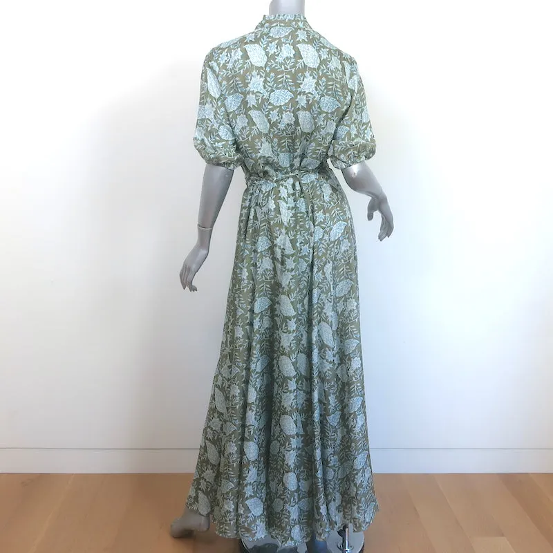 Hannah Artwear Oceanus Belted Maxi Dress Green Leaf Print Silk Size 0