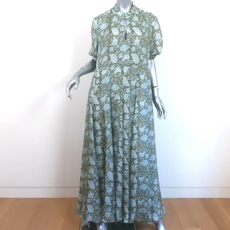 Hannah Artwear Oceanus Belted Maxi Dress Green Leaf Print Silk Size 0