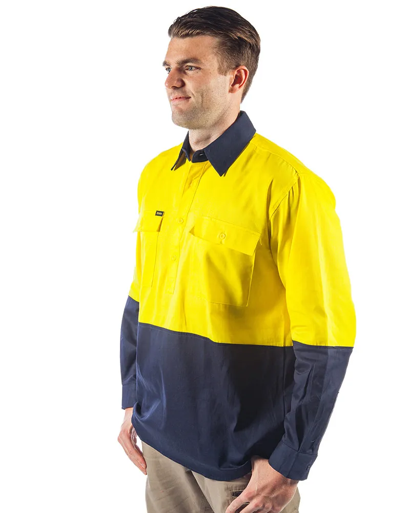 Hi Vis Closed Front LS Shirt - Yellow/Navy