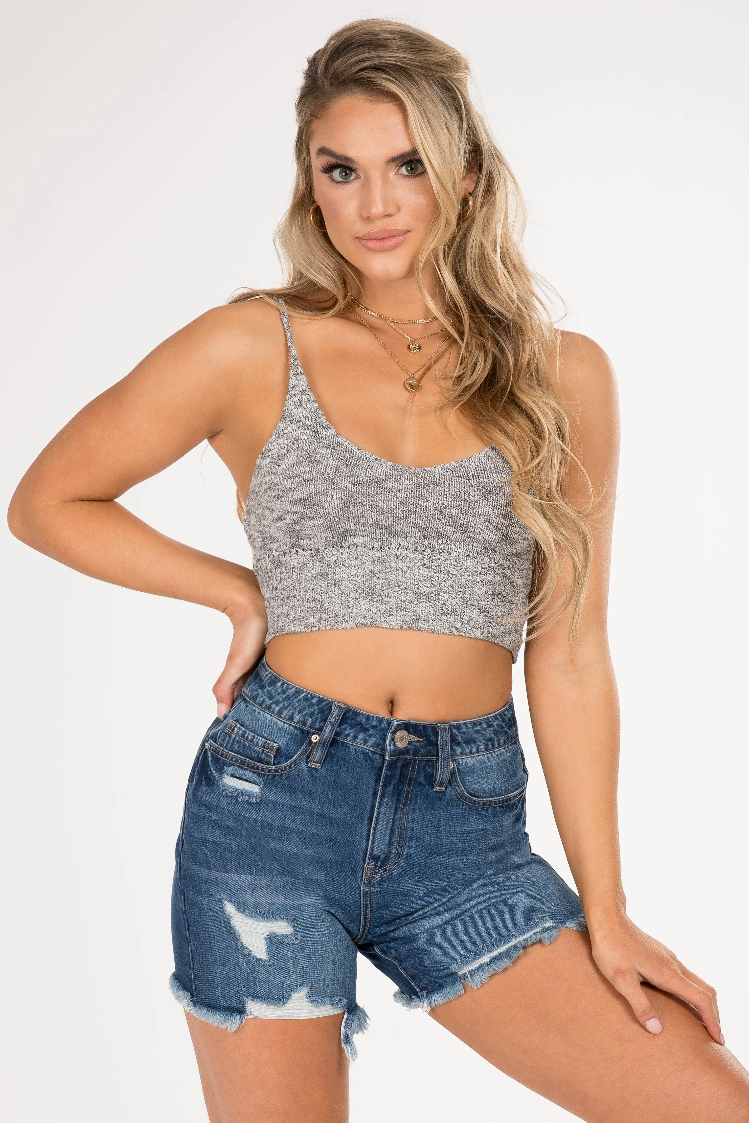 High Rise Distressed Denim Shorts with Frayed Hem