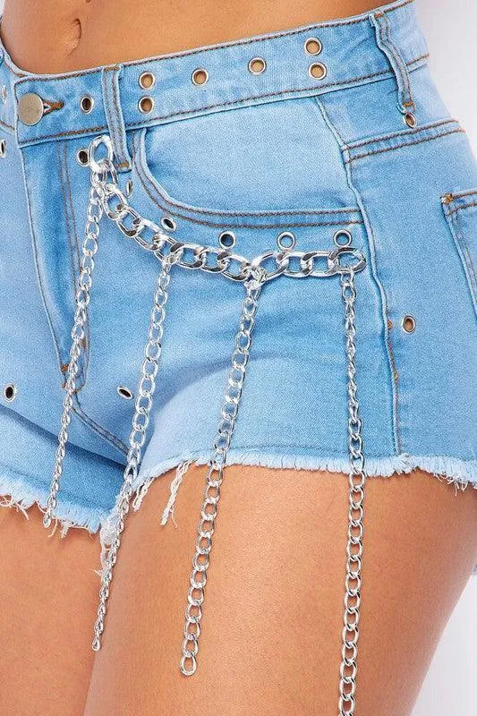 Holly Grommet Chain Detail Frayed Denim Shorts
