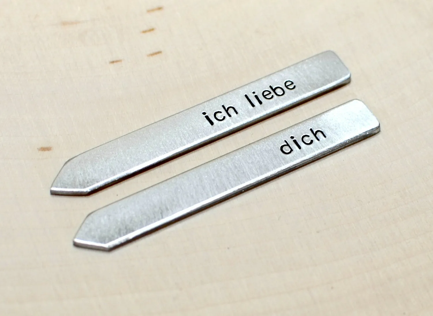 Ich liebe Dich Thick Aluminum Collar Stays stamped with I Love You in German