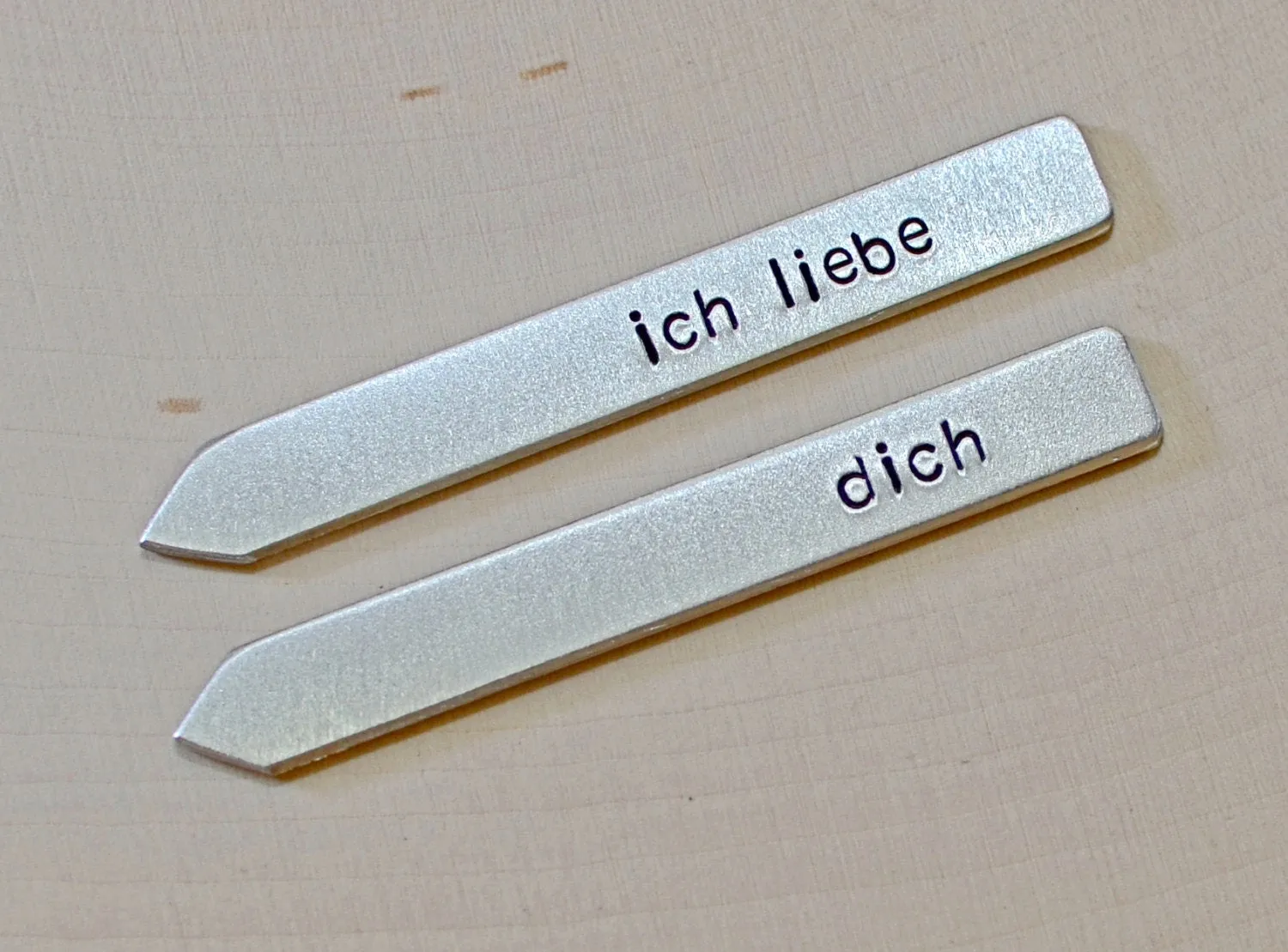Ich liebe Dich Thick Aluminum Collar Stays stamped with I Love You in German