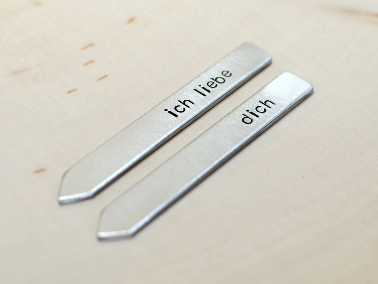 Ich liebe Dich Thick Aluminum Collar Stays stamped with I Love You in German