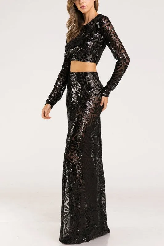KENNEDY SEQUIN MAXI SKIRT BLACK*