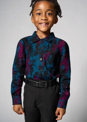 Kioko Boy's African Print Button-Up (Midnight Teal Abstract)