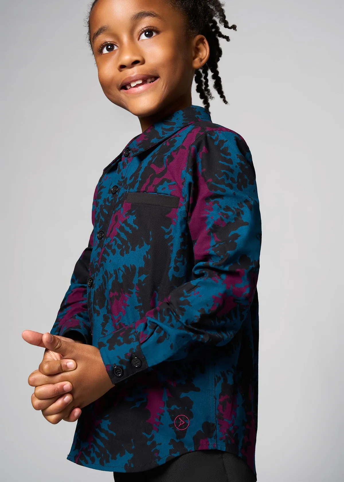 Kioko Boy's African Print Button-Up (Midnight Teal Abstract)