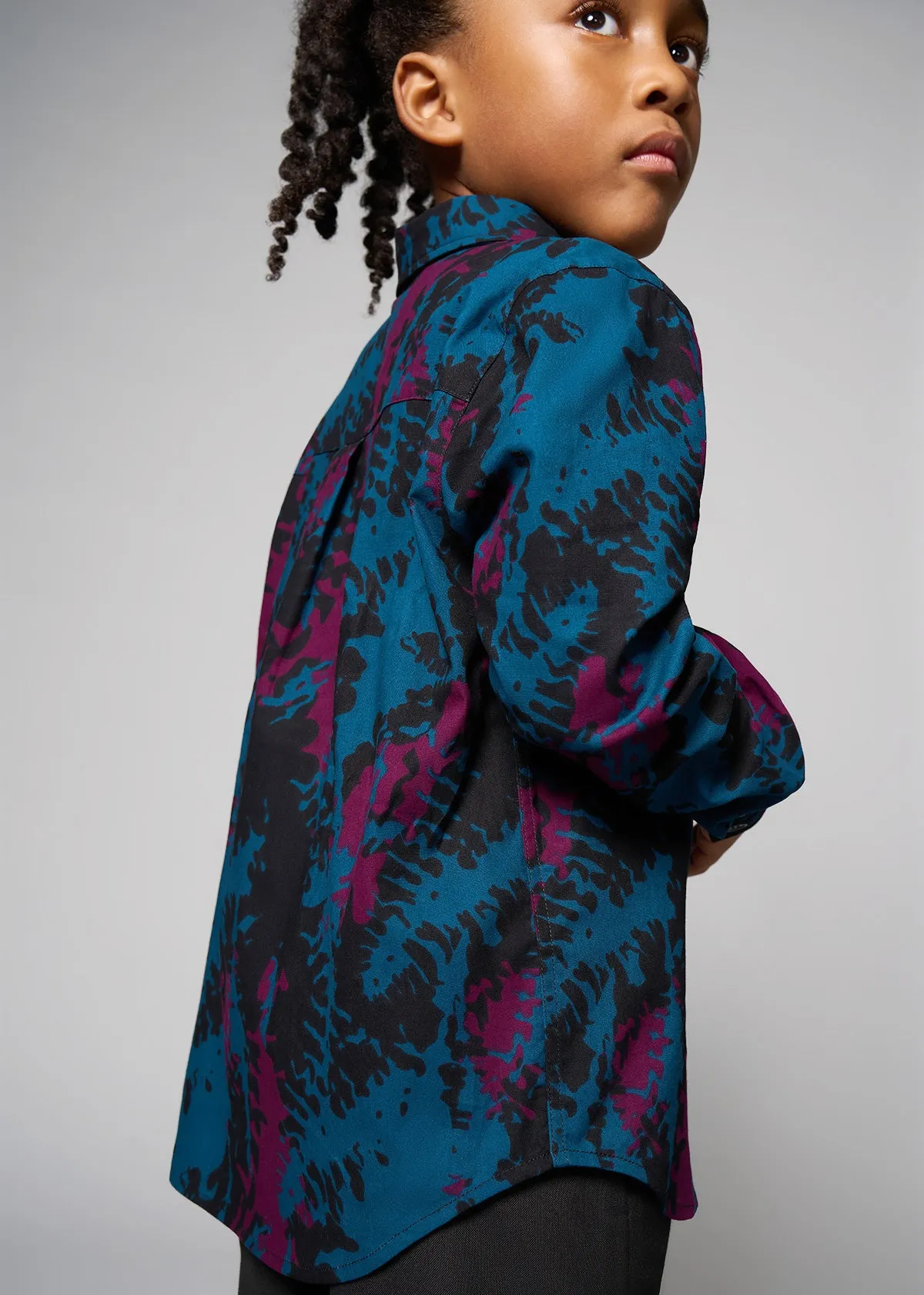 Kioko Boy's African Print Button-Up (Midnight Teal Abstract)