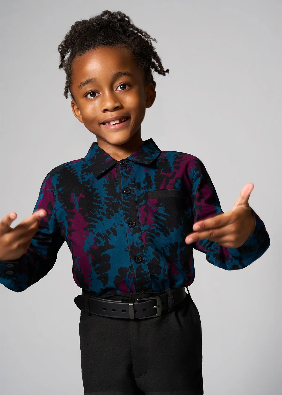 Kioko Boy's African Print Button-Up (Midnight Teal Abstract)