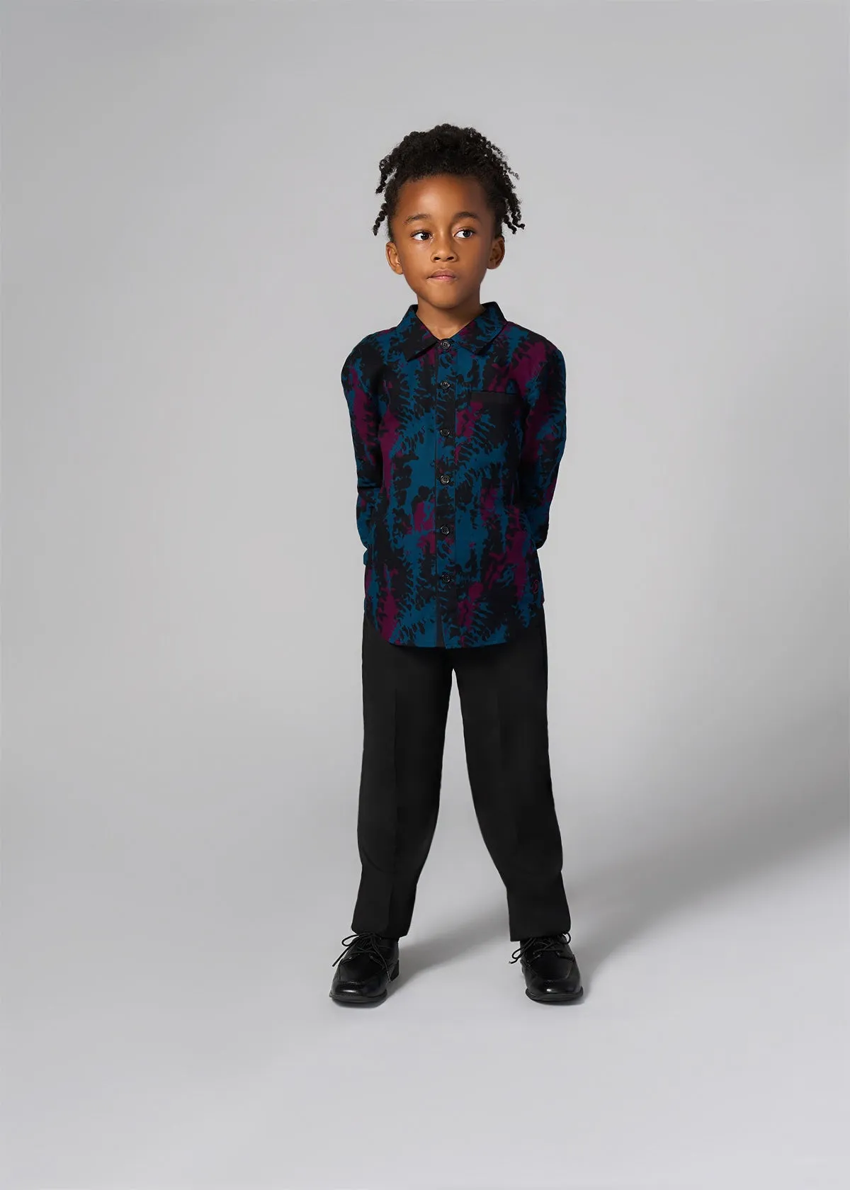 Kioko Boy's African Print Button-Up (Midnight Teal Abstract)