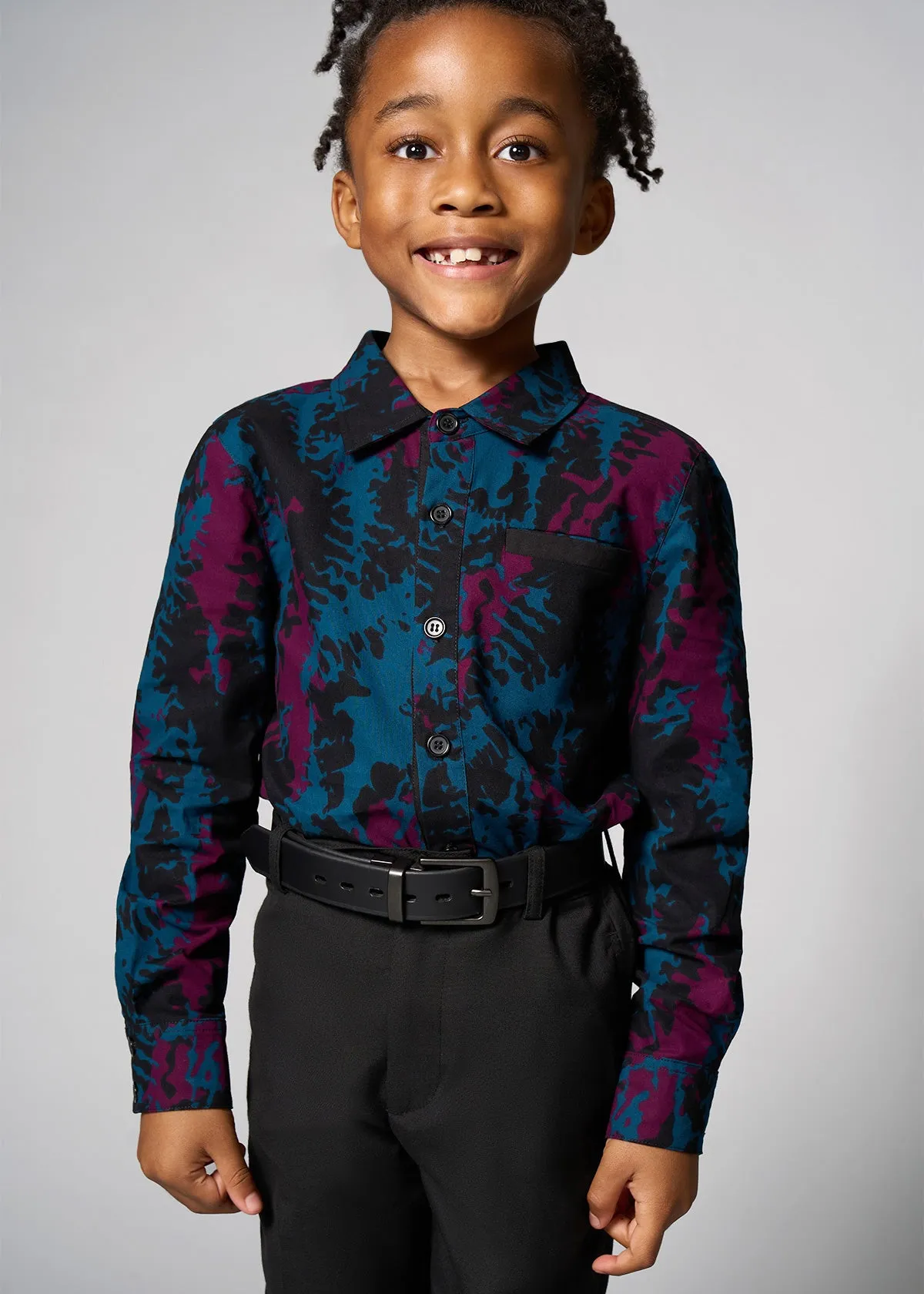 Kioko Boy's African Print Button-Up (Midnight Teal Abstract)