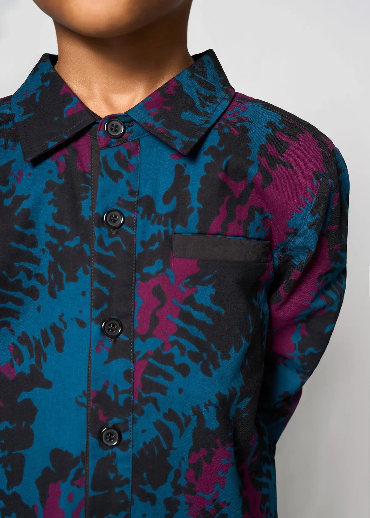 Kioko Boy's African Print Button-Up (Midnight Teal Abstract)