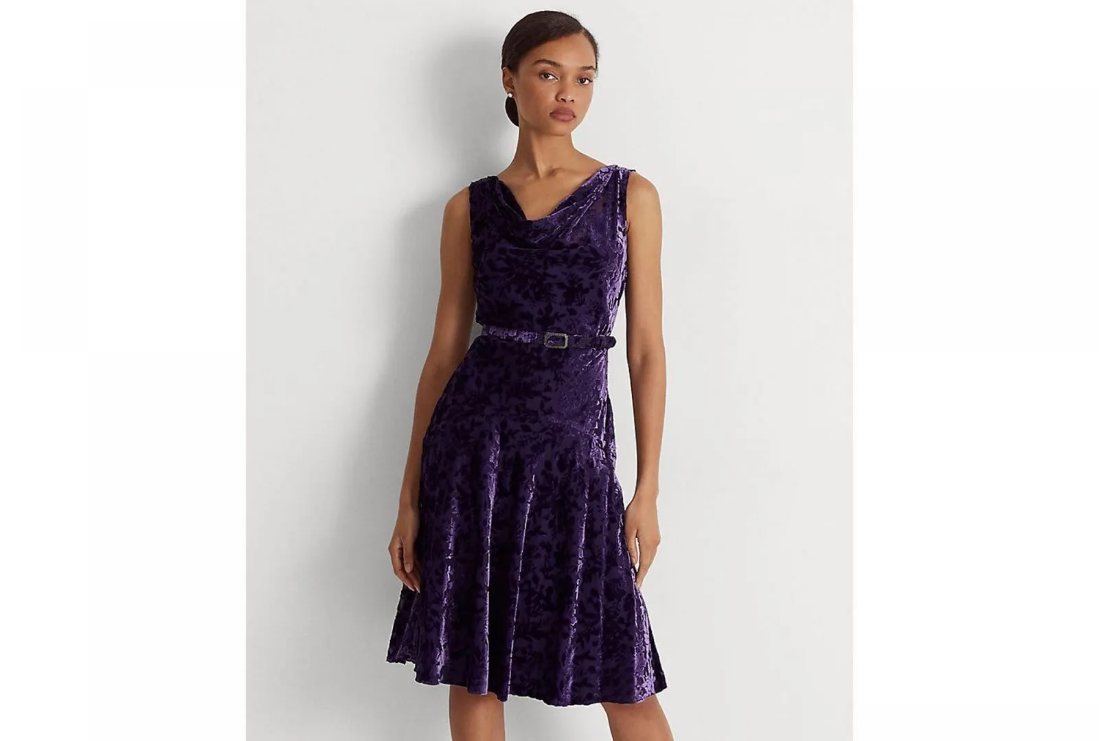 Lauren Ralph Lauren Women's Floral Velvet Belted Cocktail Dress Purple 2