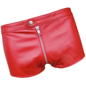 Men One Way Front To Back Zip Closure Real Sheepskin Red Leather Shorts