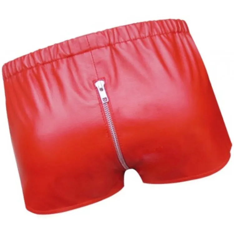 Men One Way Front To Back Zip Closure Real Sheepskin Red Leather Shorts