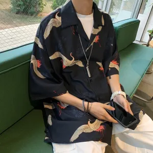 Mens Crane Print Shirts Summer Vintage Button Up Short Sleeve Shirts Male Smooth Blouses