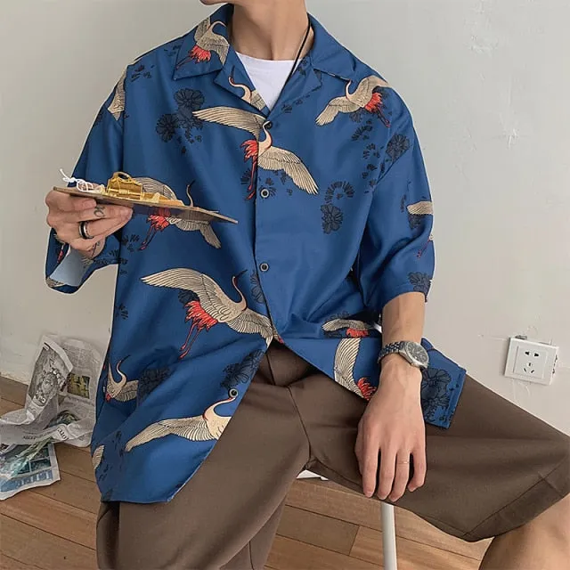 Mens Crane Print Shirts Summer Vintage Button Up Short Sleeve Shirts Male Smooth Blouses