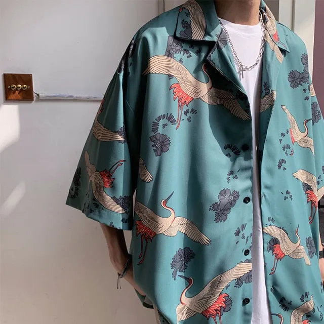 Mens Crane Print Shirts Summer Vintage Button Up Short Sleeve Shirts Male Smooth Blouses
