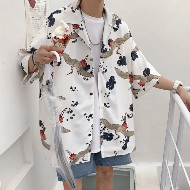 Mens Crane Print Shirts Summer Vintage Button Up Short Sleeve Shirts Male Smooth Blouses