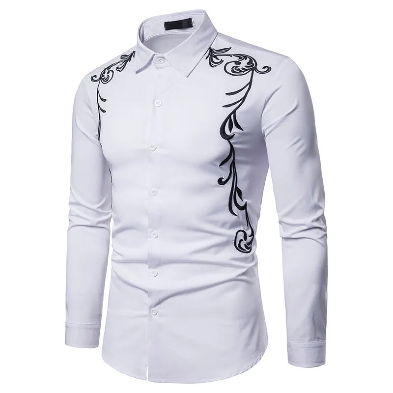 Men's Long Sleeved Contrast Leaves Embroidery Shirt