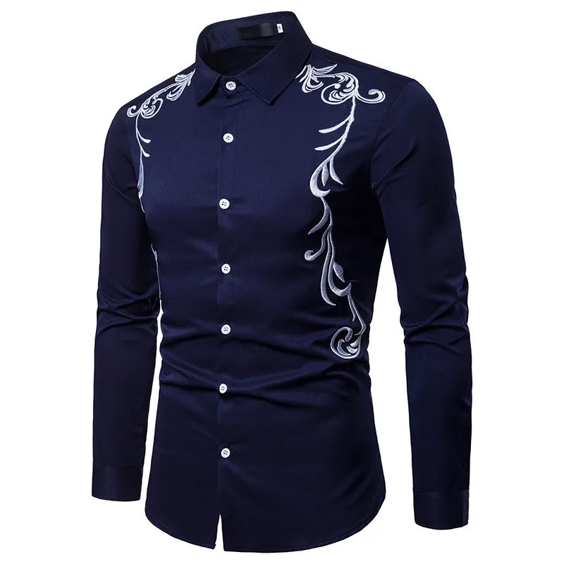 Men's Long Sleeved Contrast Leaves Embroidery Shirt