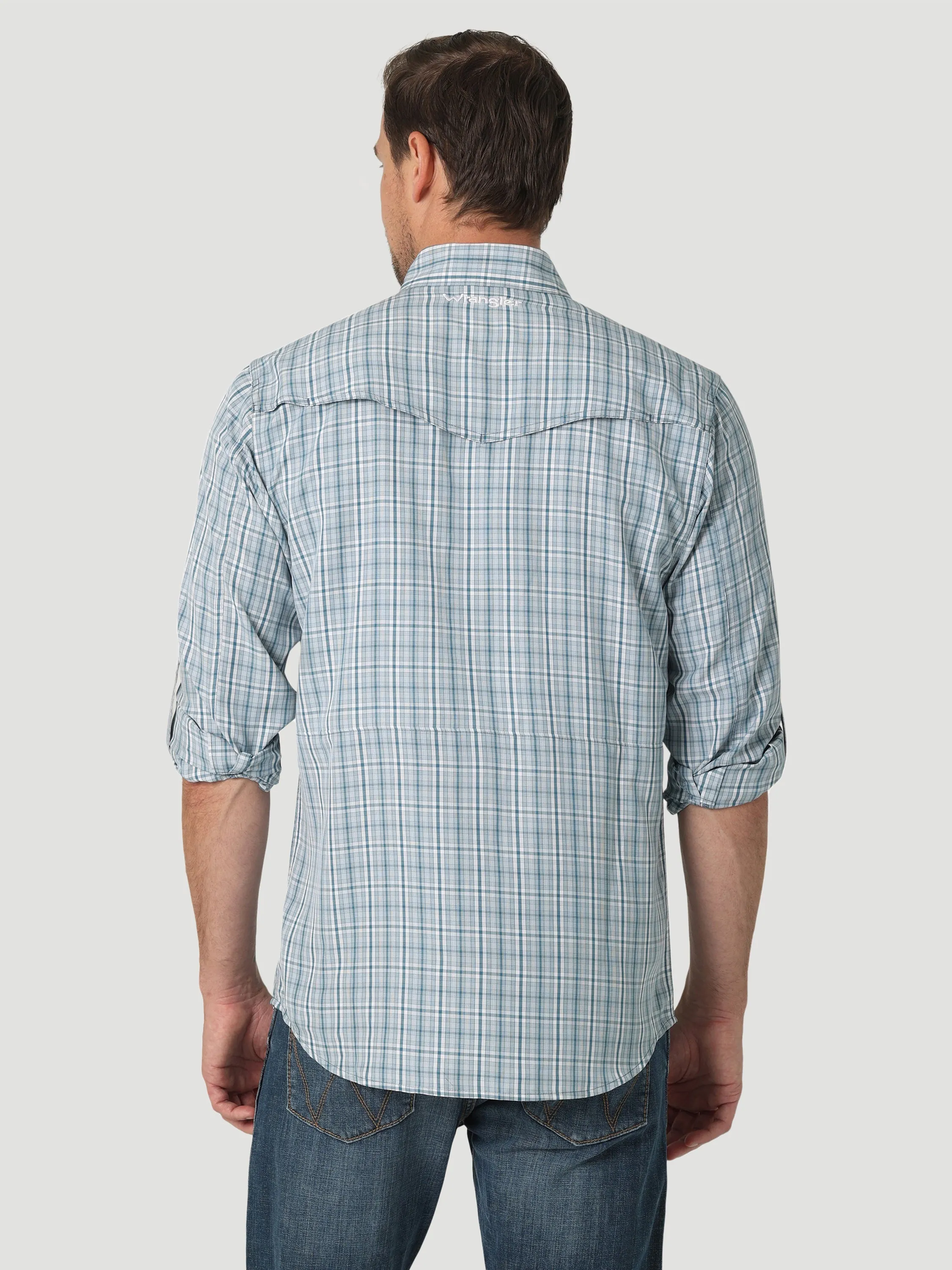 Men's Wrangler Teal Plaid Performance Snap Western Shirt