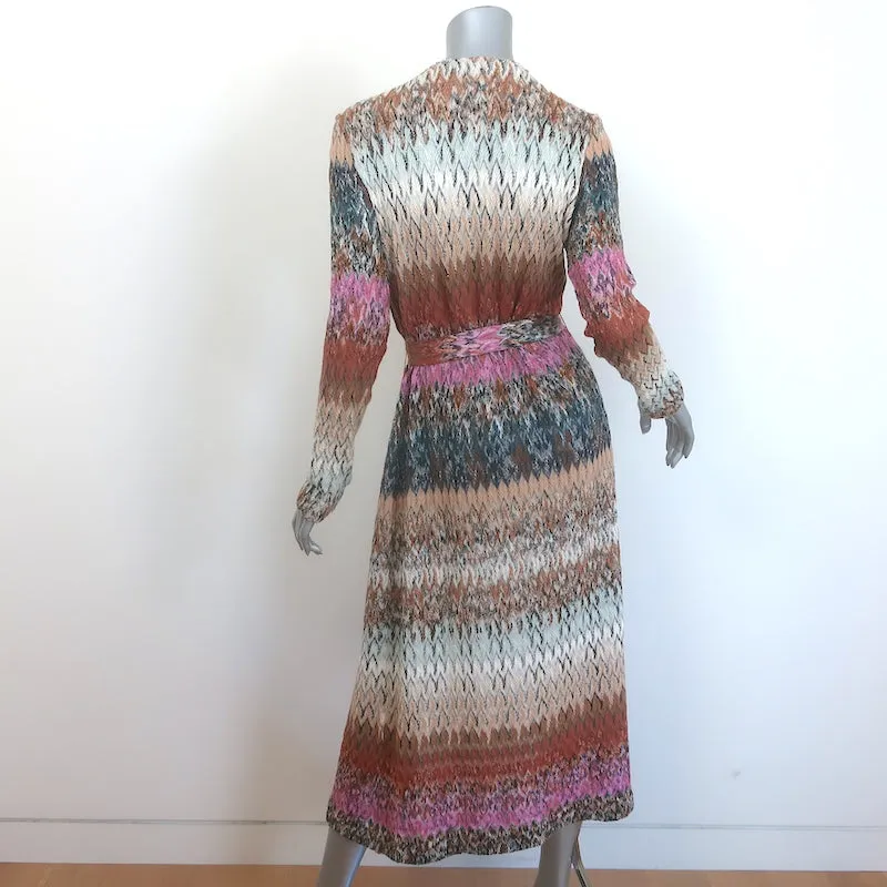 Missoni Belted Long Cardigan Beige/Multicolor Chevron Knit Wool-Blend Size 44