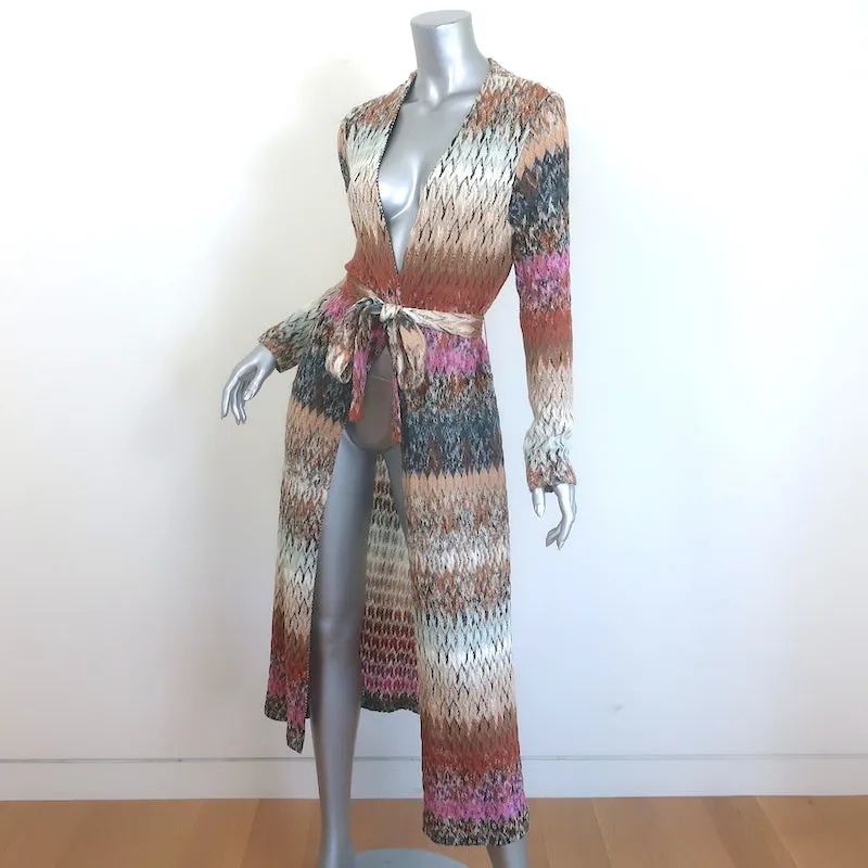 Missoni Belted Long Cardigan Beige/Multicolor Chevron Knit Wool-Blend Size 44