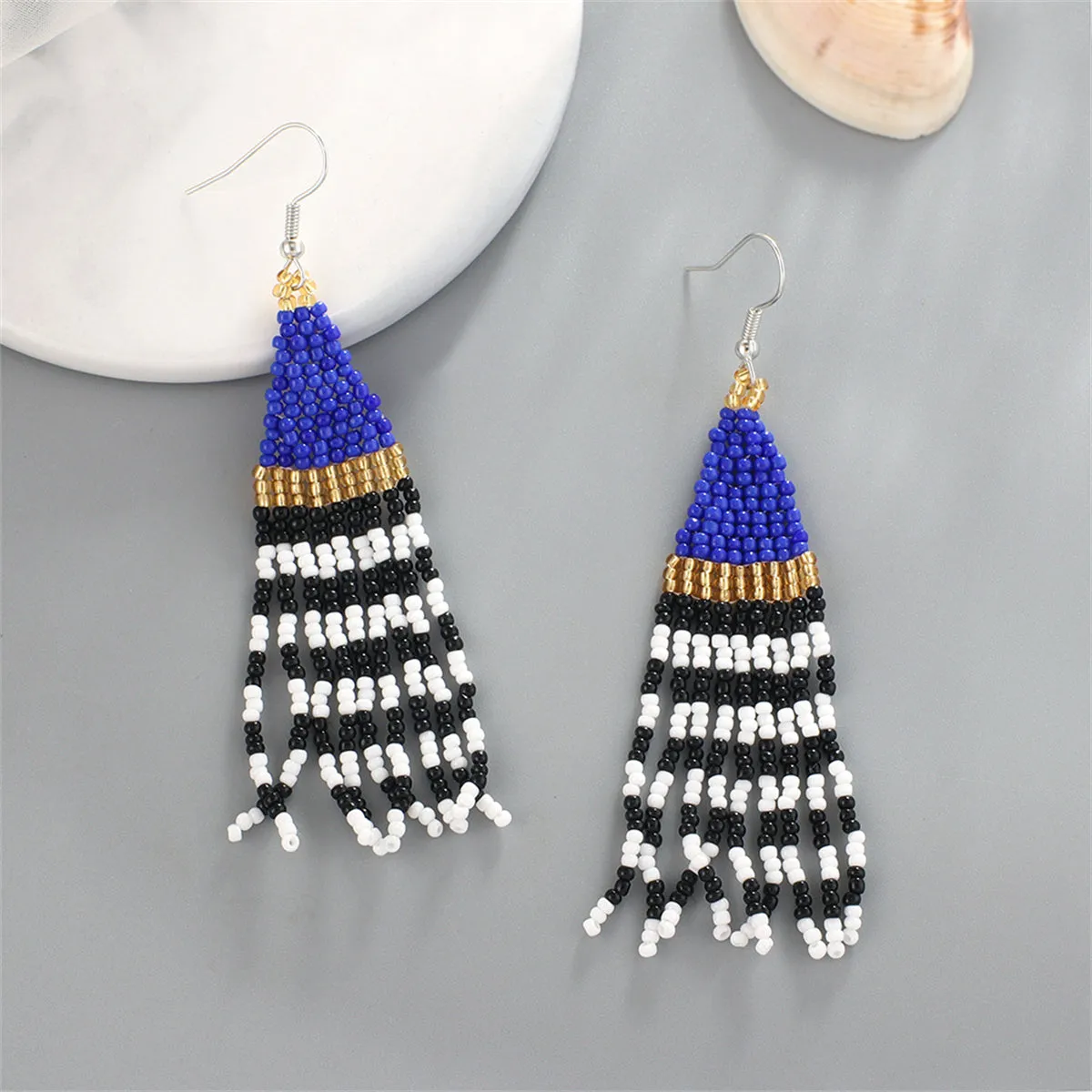 Navy & Black Howlite Stripe Tassel Drop Earrings