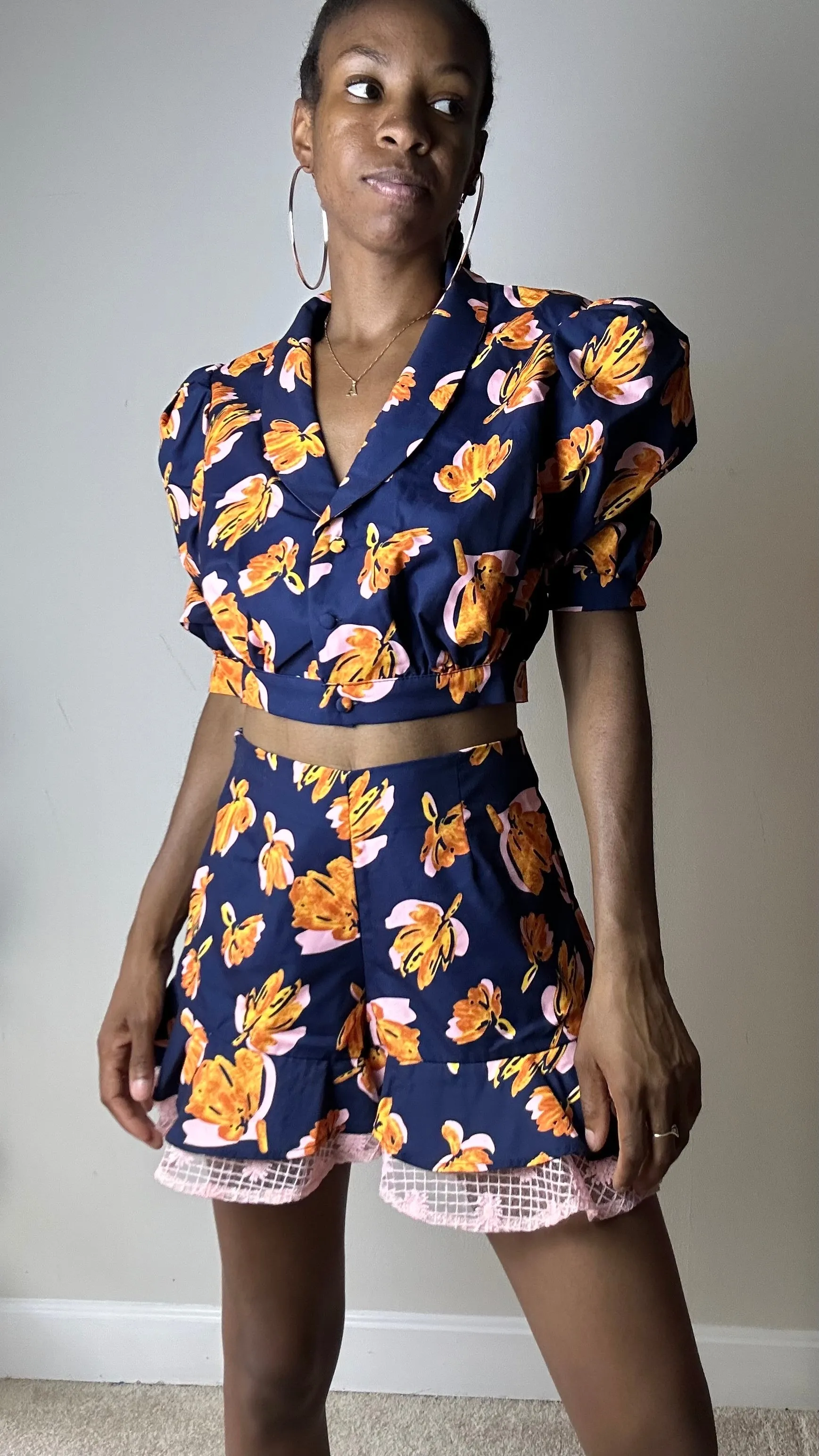 Navy Floral Print Short Set