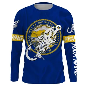 NE Nebraska Fishing Flag Fish hook skull Custom name jerseys | Long sleeve, Long Sleeve Hooded NPQ733