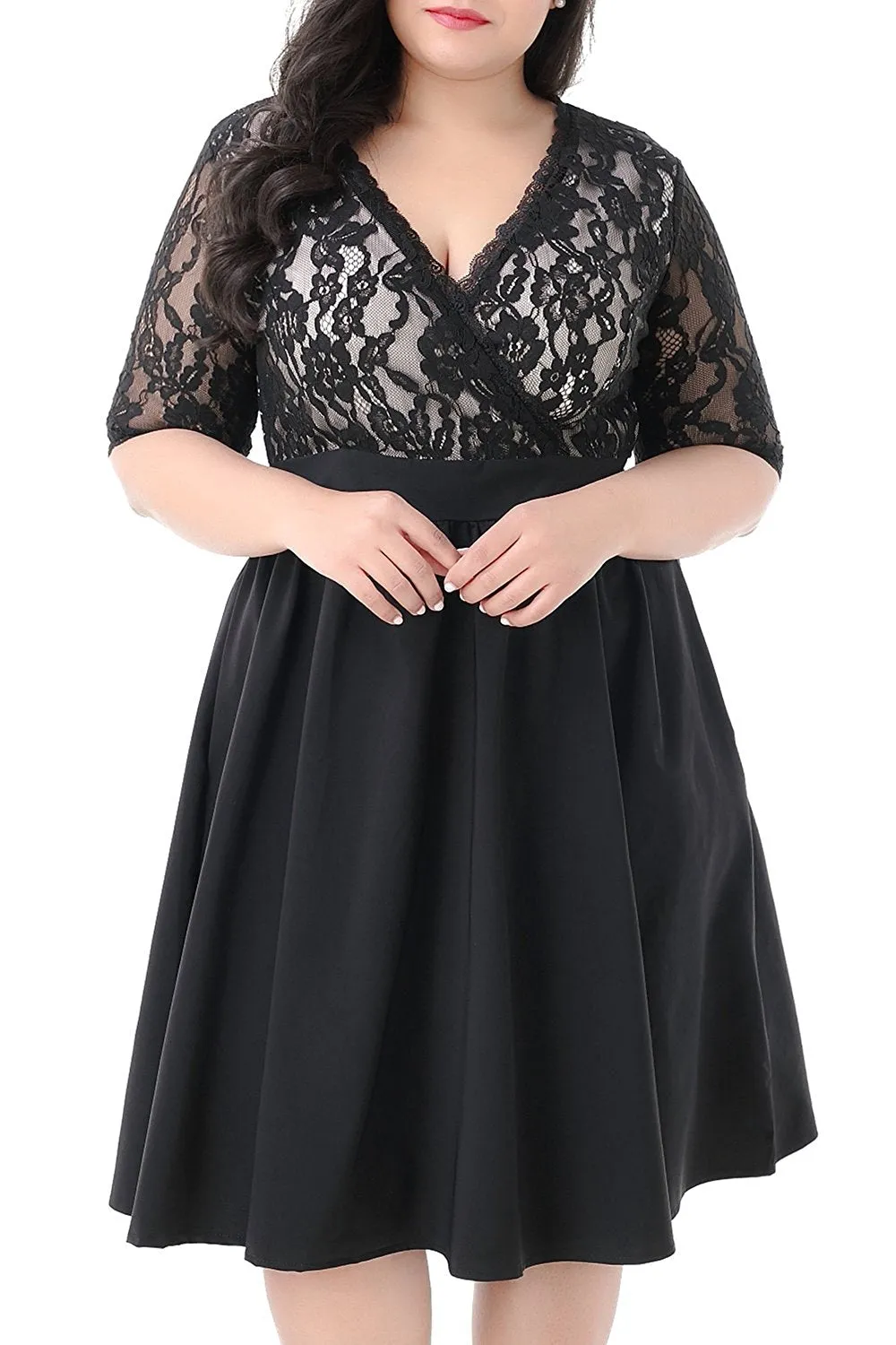 Nemidor Women's Half Sleeves V-Neckline Lace Top Plus Size Cocktail Party Swing Dress