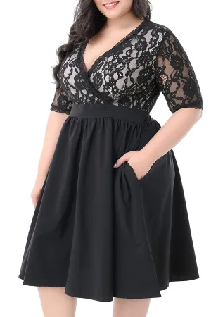 Nemidor Women's Half Sleeves V-Neckline Lace Top Plus Size Cocktail Party Swing Dress