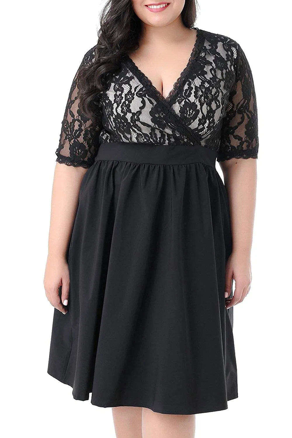 Nemidor Women's Half Sleeves V-Neckline Lace Top Plus Size Cocktail Party Swing Dress