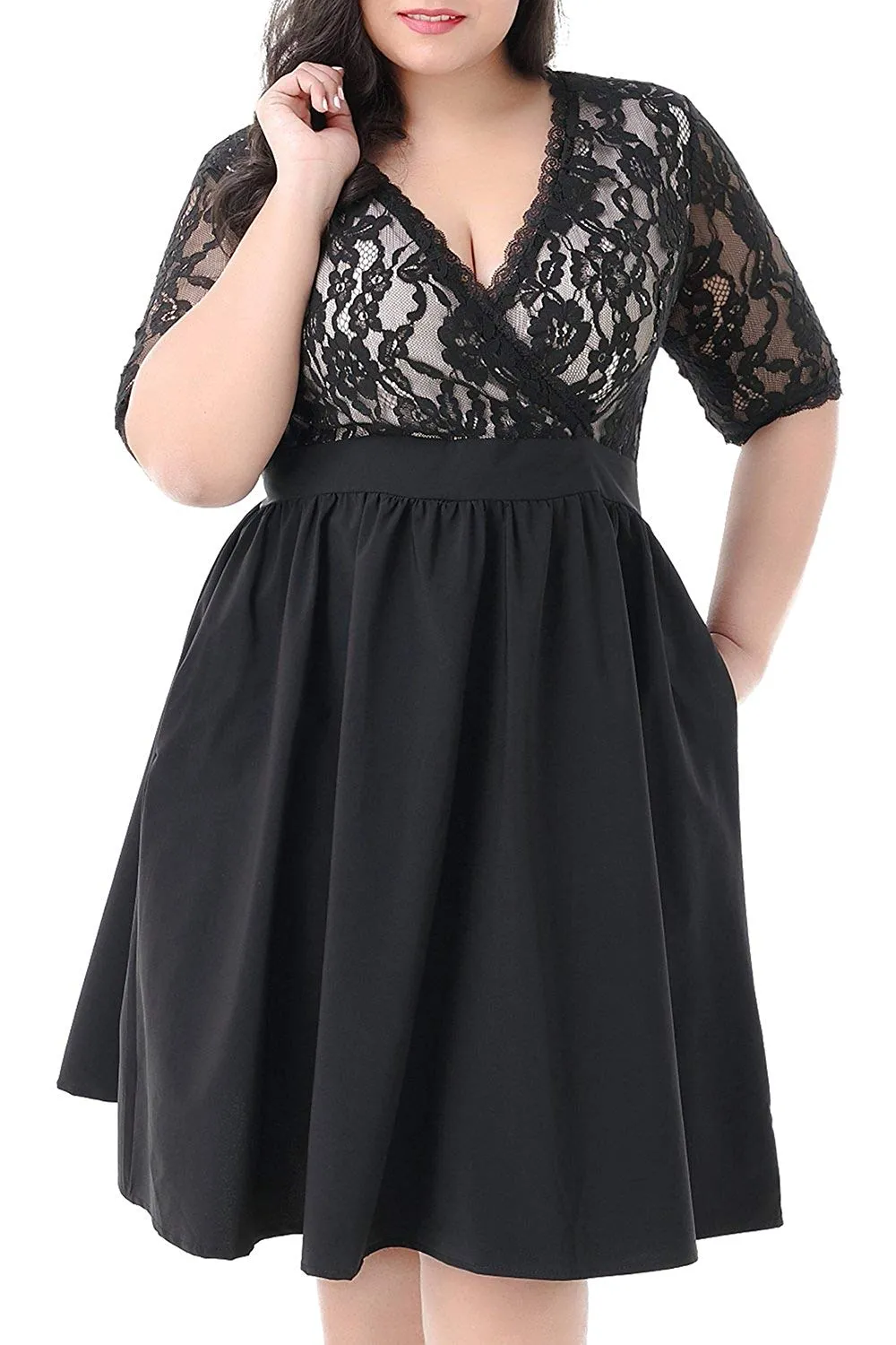 Nemidor Women's Half Sleeves V-Neckline Lace Top Plus Size Cocktail Party Swing Dress