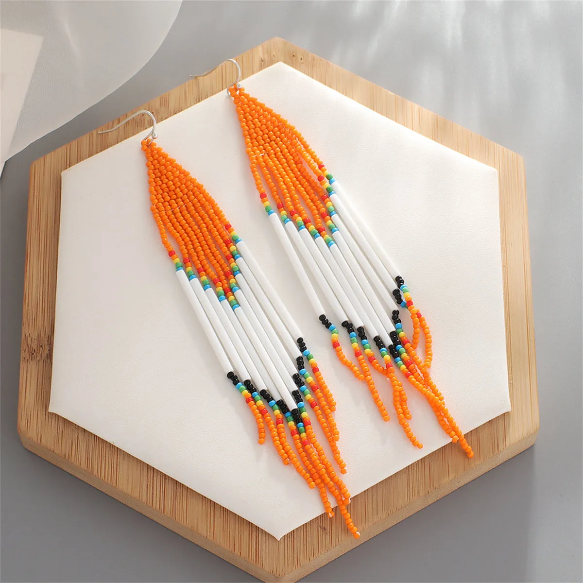 Orange & White Tassel Beaded Drop Earrings