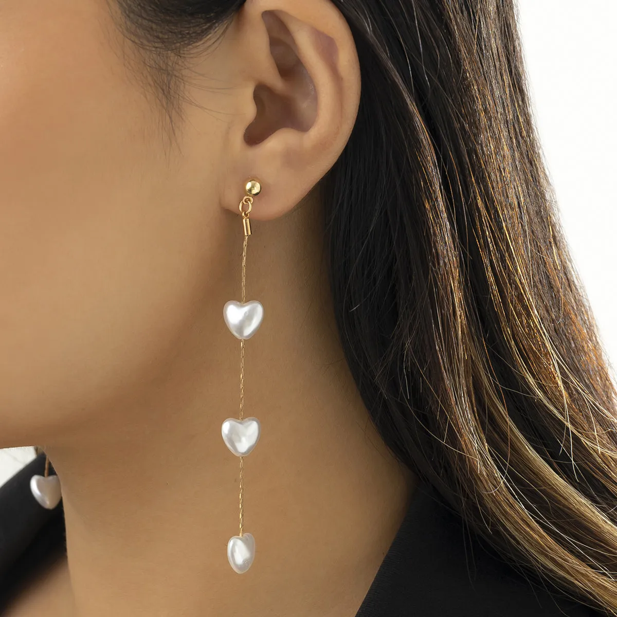 Pearl & 18K Gold-Plated Linked-Heart Drop Earrings