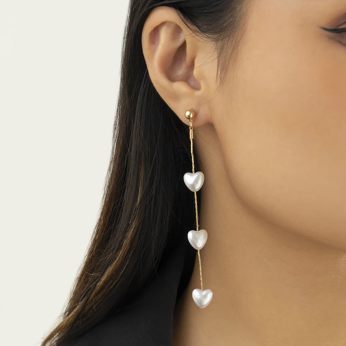 Pearl & 18K Gold-Plated Linked-Heart Drop Earrings