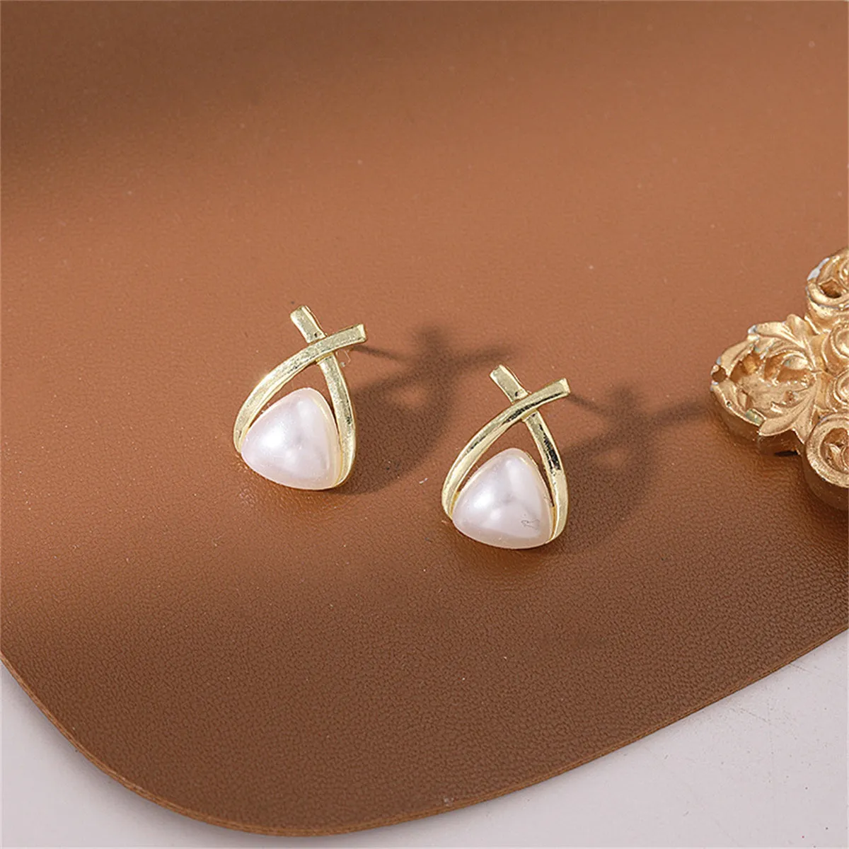 Pearl & 18K Gold-Plated Triangle Stud Earrings
