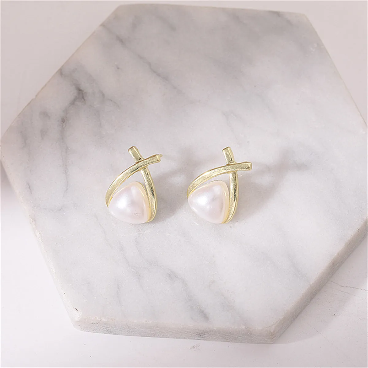 Pearl & 18K Gold-Plated Triangle Stud Earrings