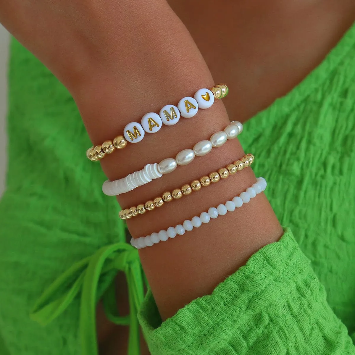 Pearl & Acrylic 18K Gold-Plated 'Mama' Beaded Stretch Bracelet Set