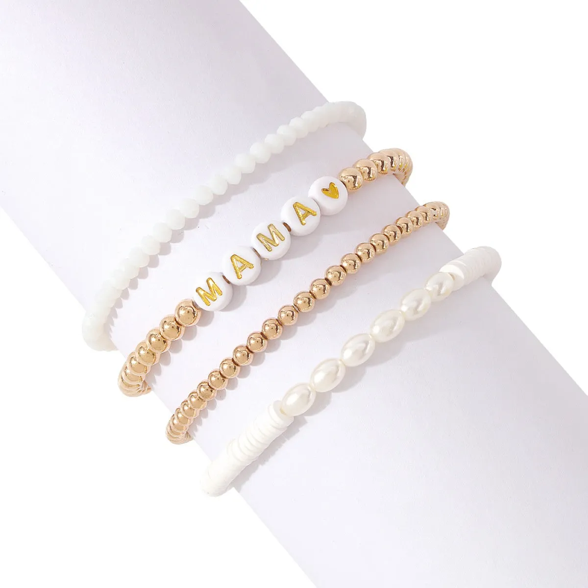 Pearl & Acrylic 18K Gold-Plated 'Mama' Beaded Stretch Bracelet Set
