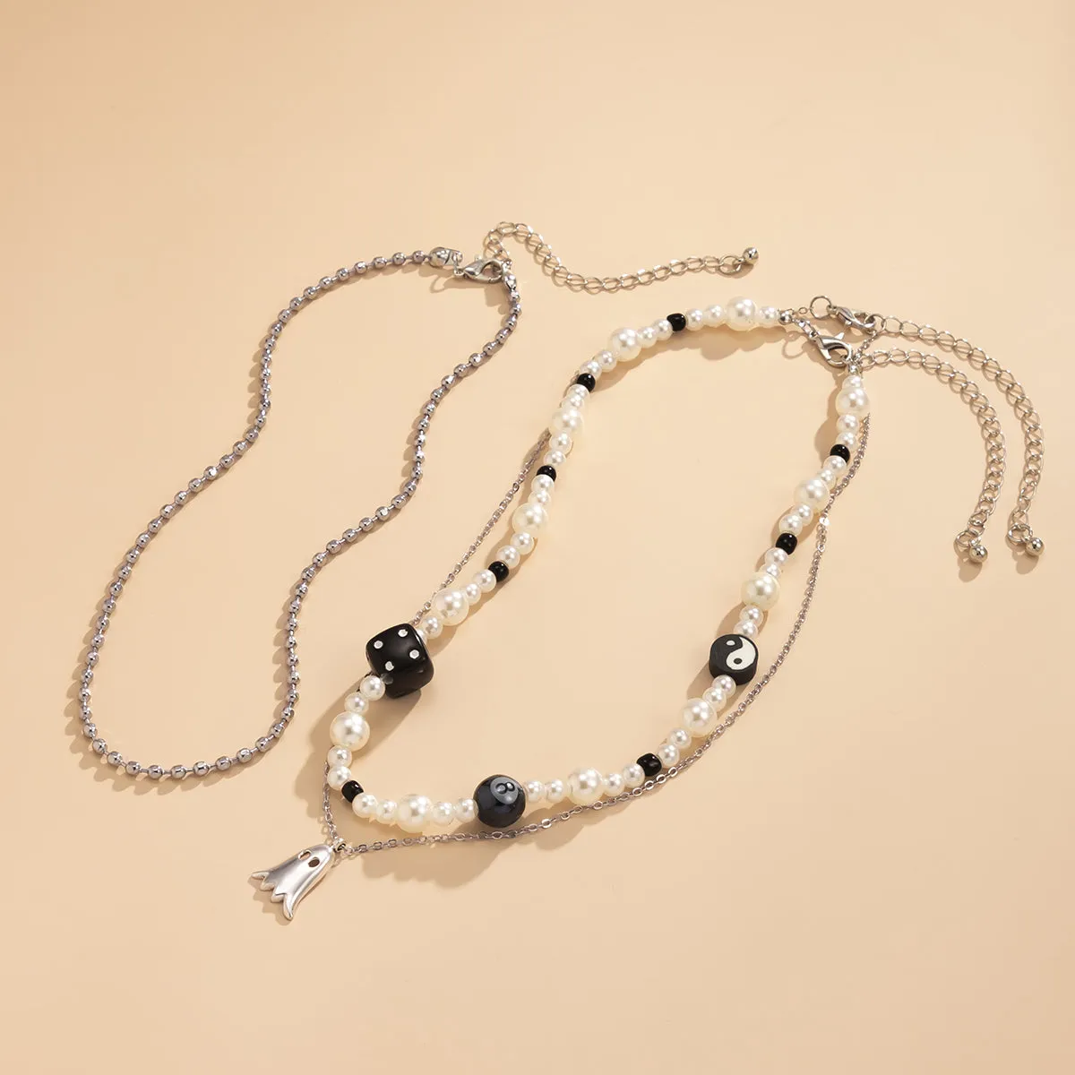Pearl & Acrylic Silver-Plated Ghost Pendant Necklace Set