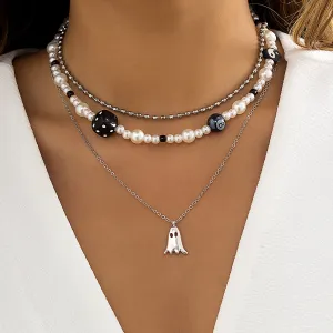 Pearl & Acrylic Silver-Plated Ghost Pendant Necklace Set