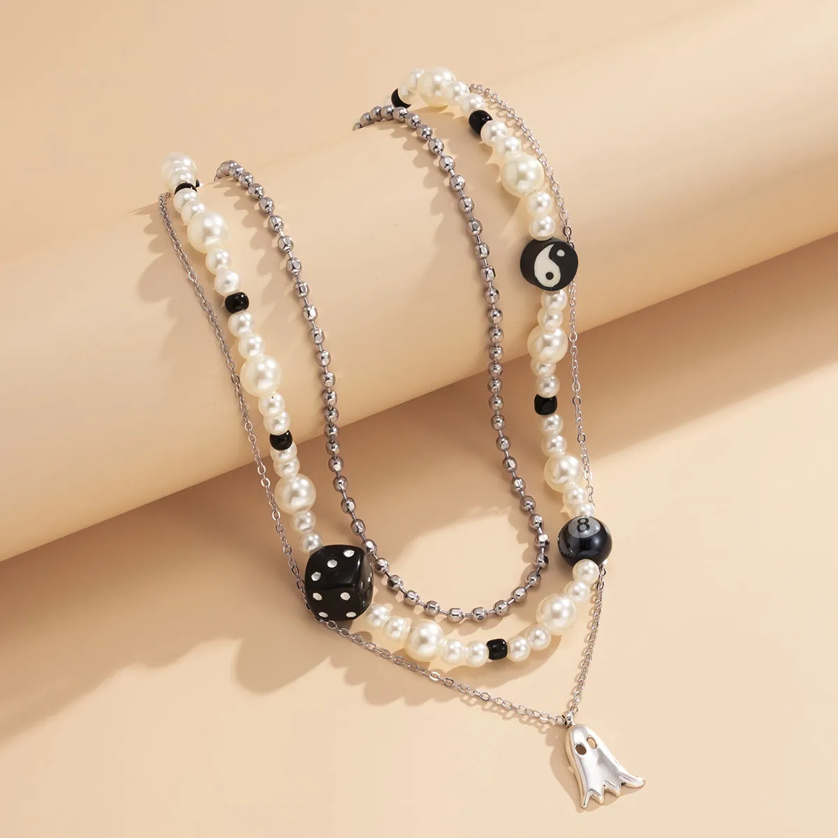 Pearl & Acrylic Silver-Plated Ghost Pendant Necklace Set