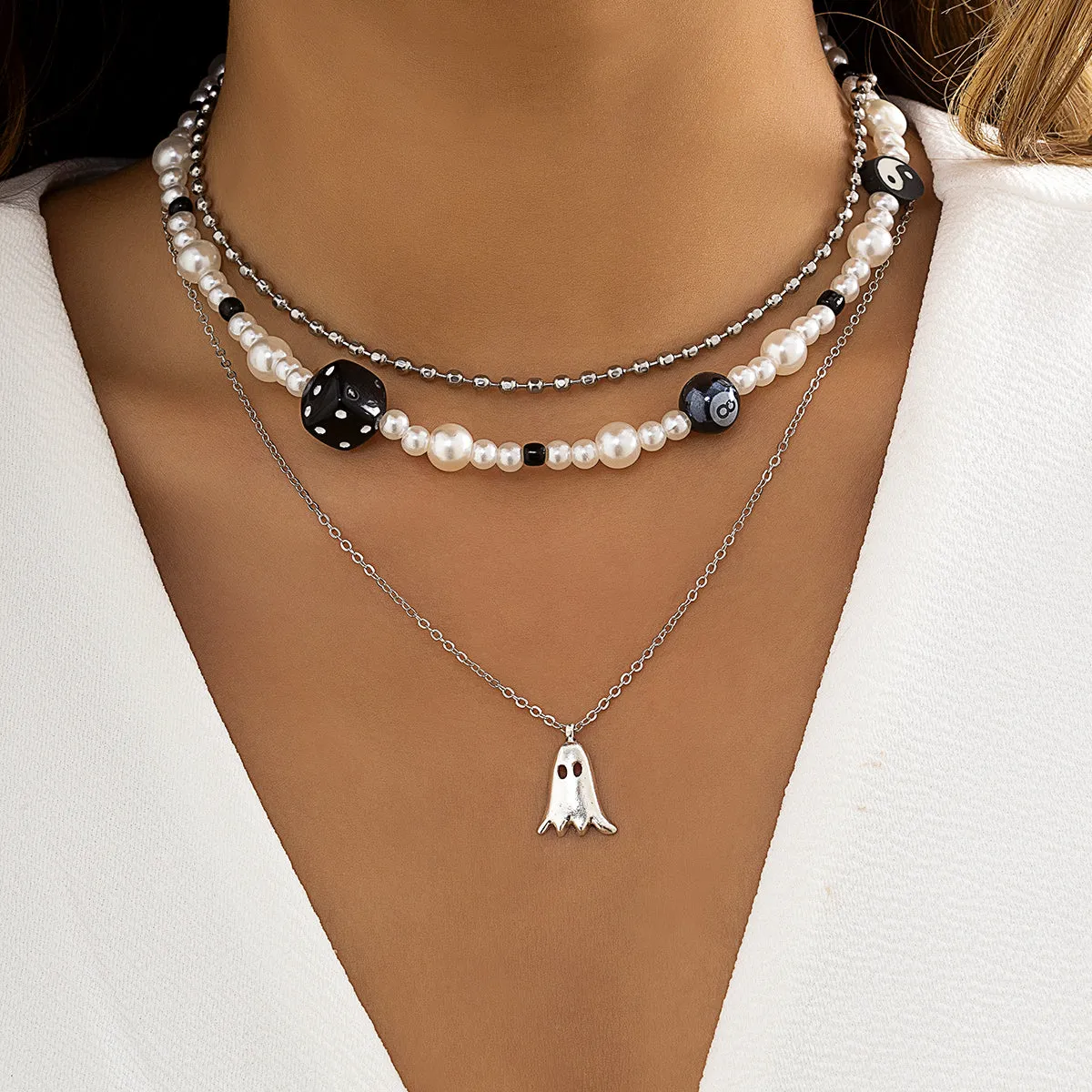 Pearl & Acrylic Silver-Plated Ghost Pendant Necklace Set