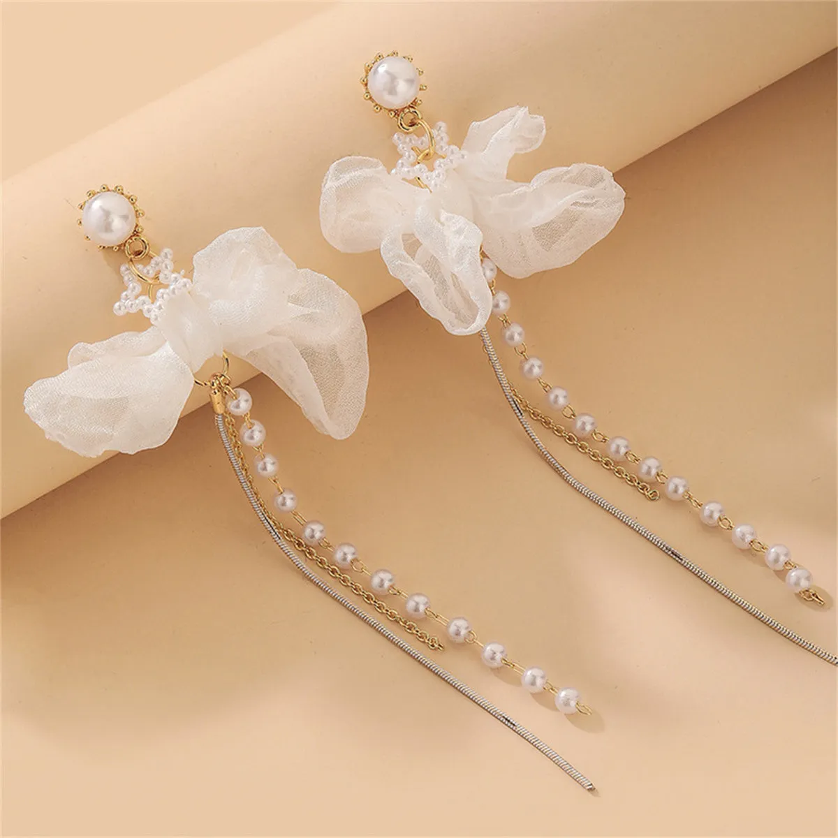 Pearl & Mesh Two-Tone Star Bow Tassel Dangle Earring