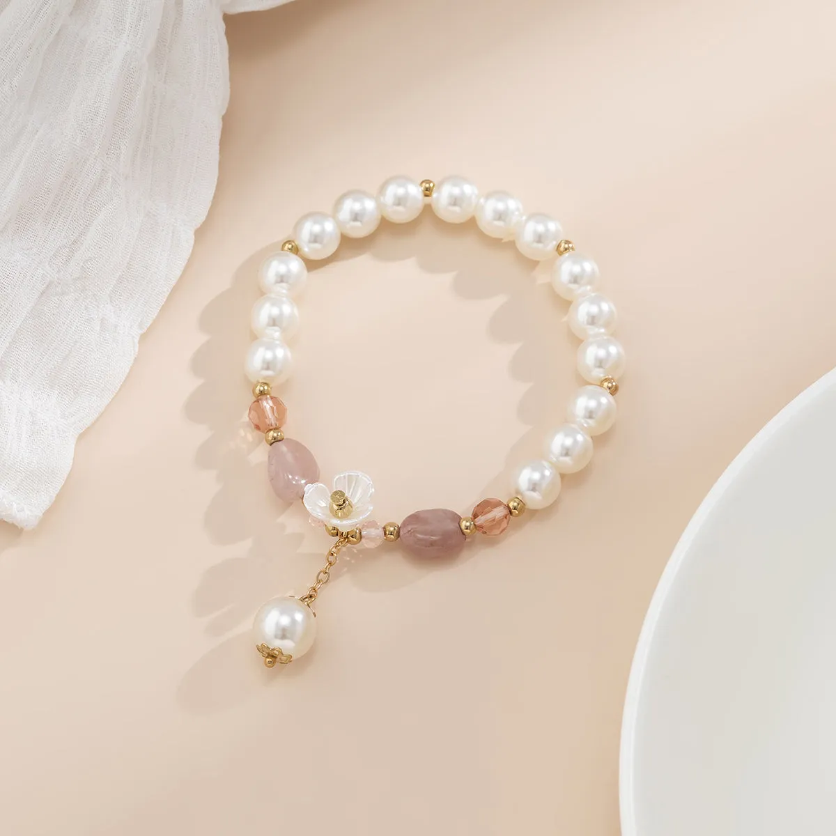 Pearl & Quartz 18K Gold-Plated Flower Beaded Charm Bracelet